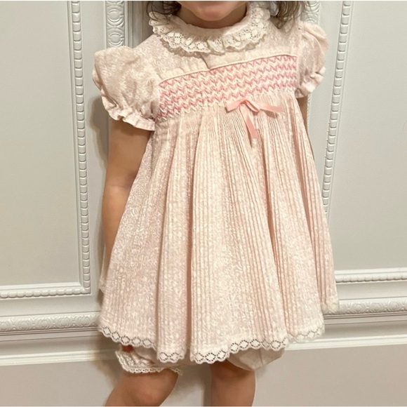 Smocked  Pink Lace Kids Dress vintage 18-24mo - Picture 2 of 11